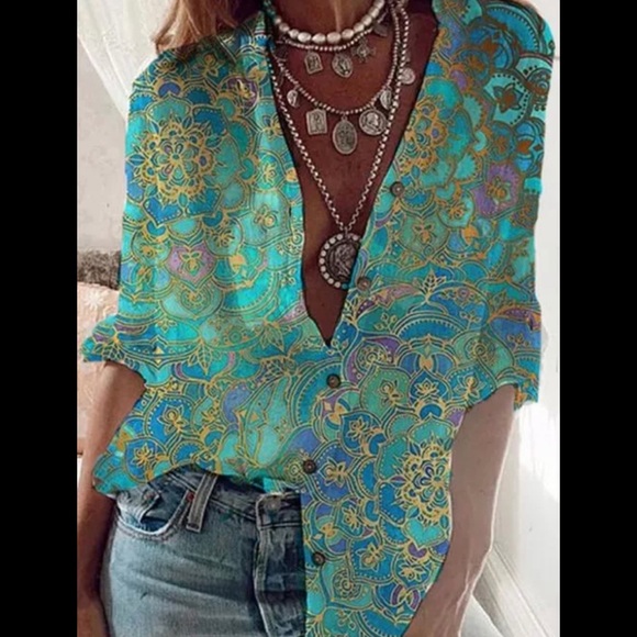🆕WATERCOLORS BOHEMIAN 1/2 ZIP MOSAIC BLOUSE - Picture 6 of 6